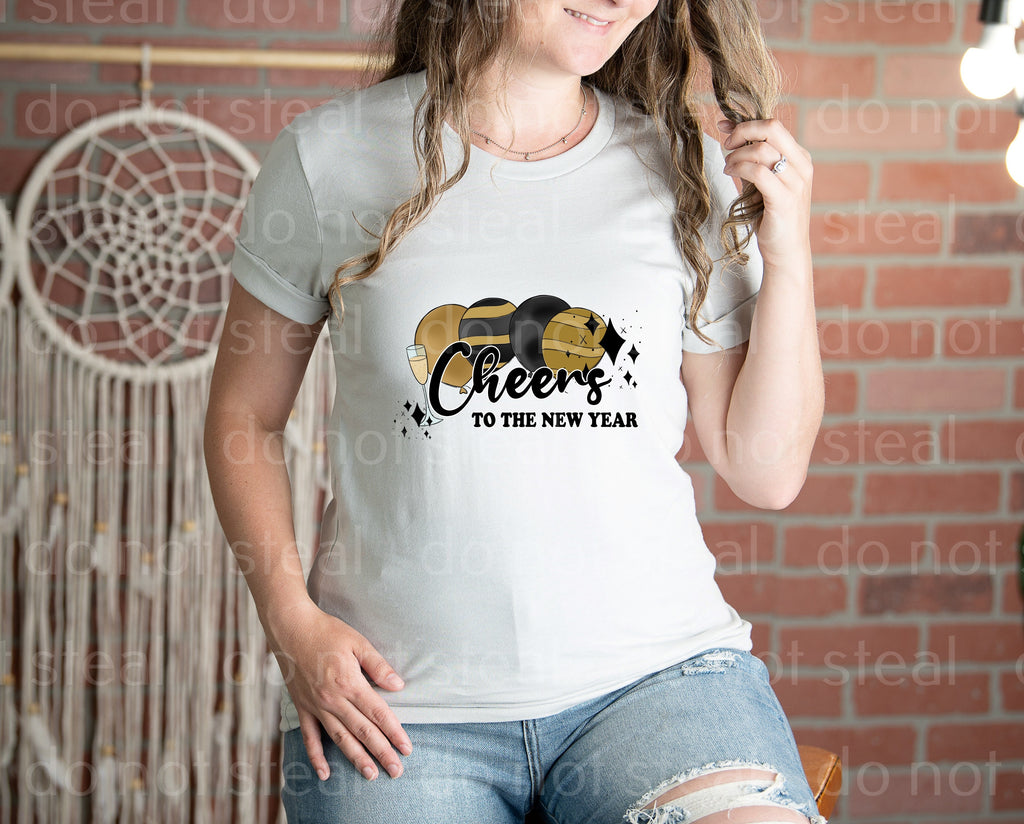 01-20 Cheers to the New Year with 4 balloons a glass of champagne  and stars Completed Tee