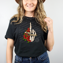 Load image into Gallery viewer, 02-367 Anti Valentines Skeleton Finger With Roses Completed Tee
