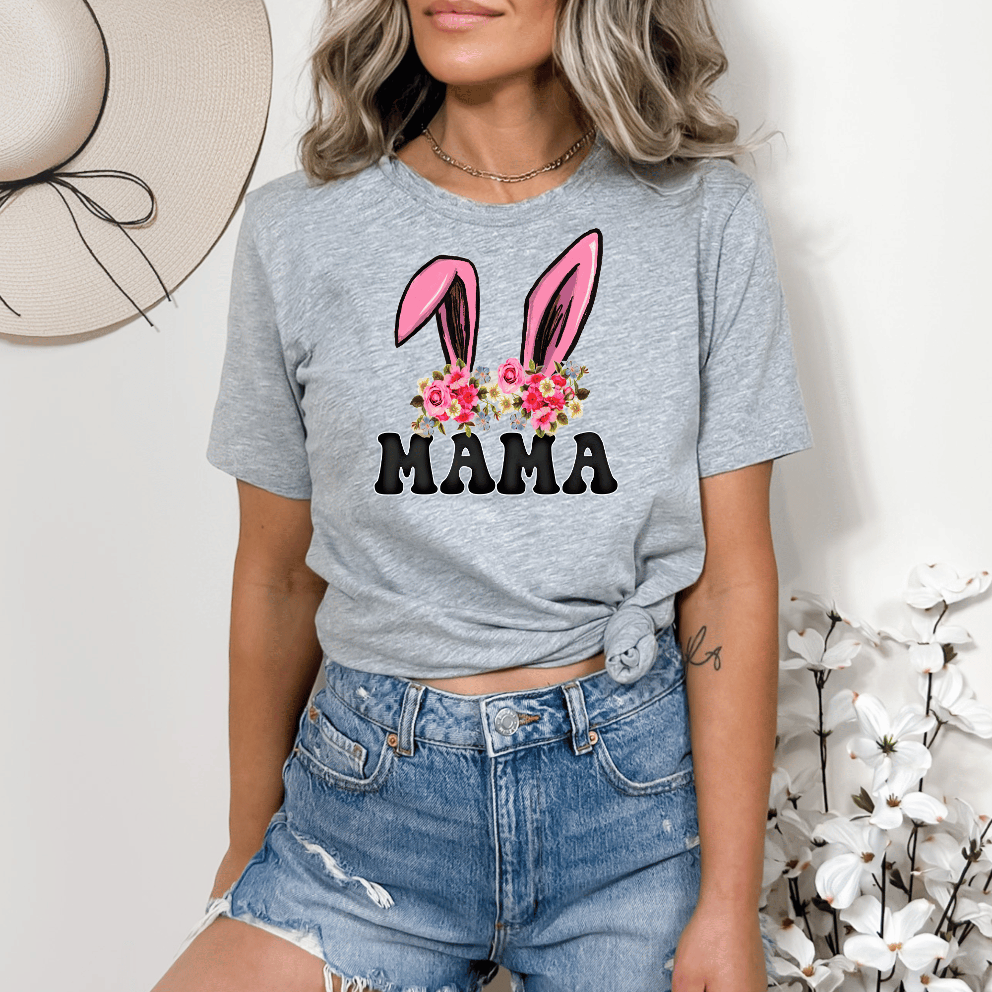 04-48 Mama Bunny Floral Pink Ears Completed Tee