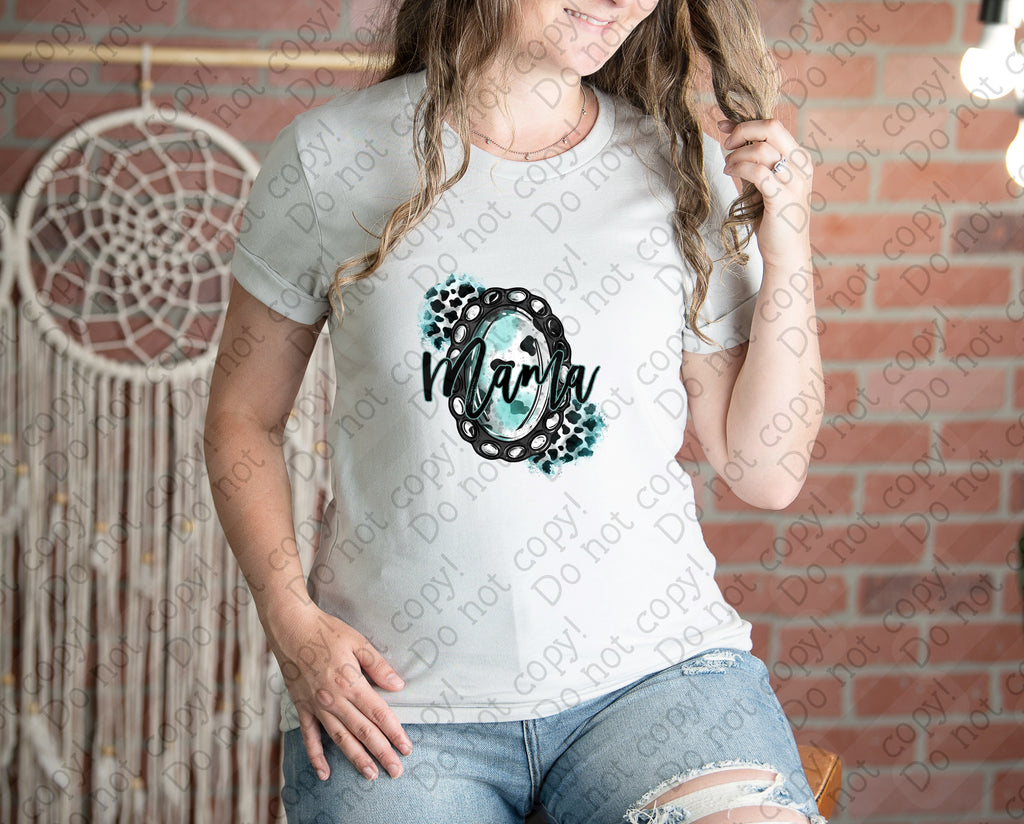 05-115 Mama Mirror Cow Print Turquoise Completed Tee