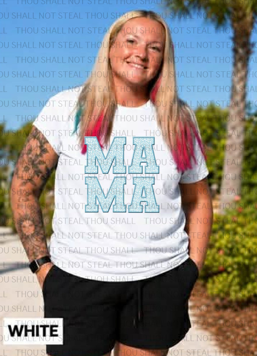 05-138 Mama or Mia Big Letters Light Blue Cheetah Stacked Completed Tee