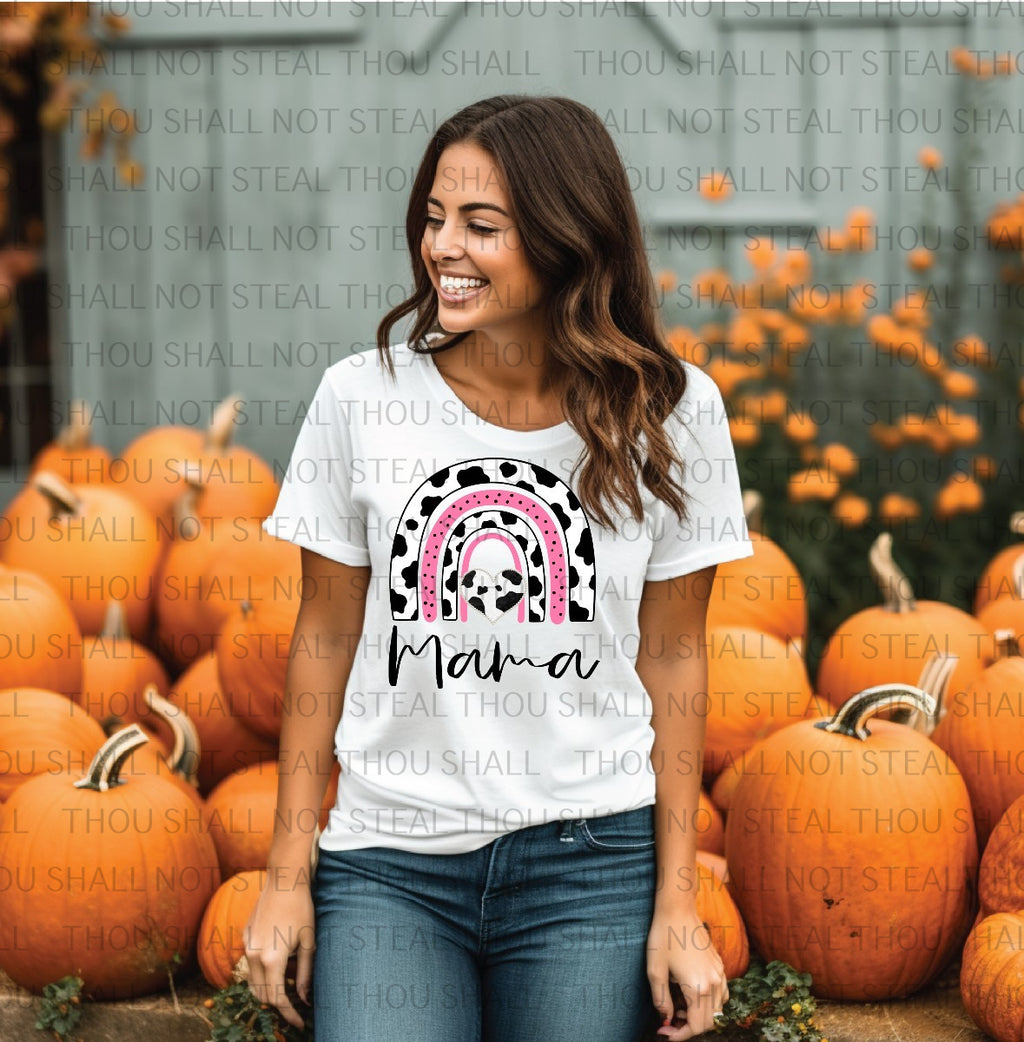 05-139 Mama Pink and Cow Print Rainbow Completed Tee