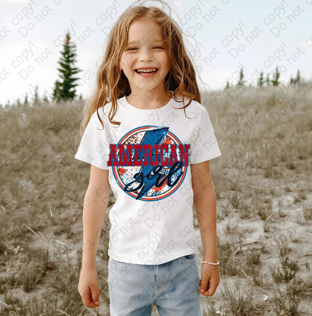 07-122 American Girl with Blue Lightning Bolt Completed Tee