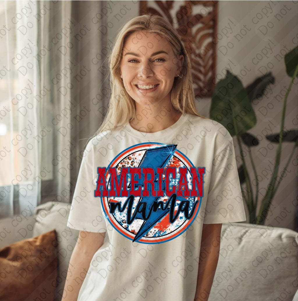 07-123 American Mama with Blue Lighting Bolt Completed Tee