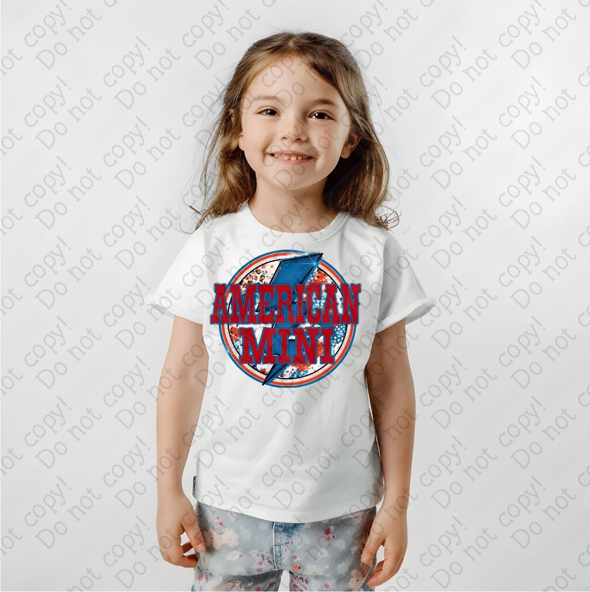 07-128 American Mini in red font with a blue lighting bolt DTF Transfer Only