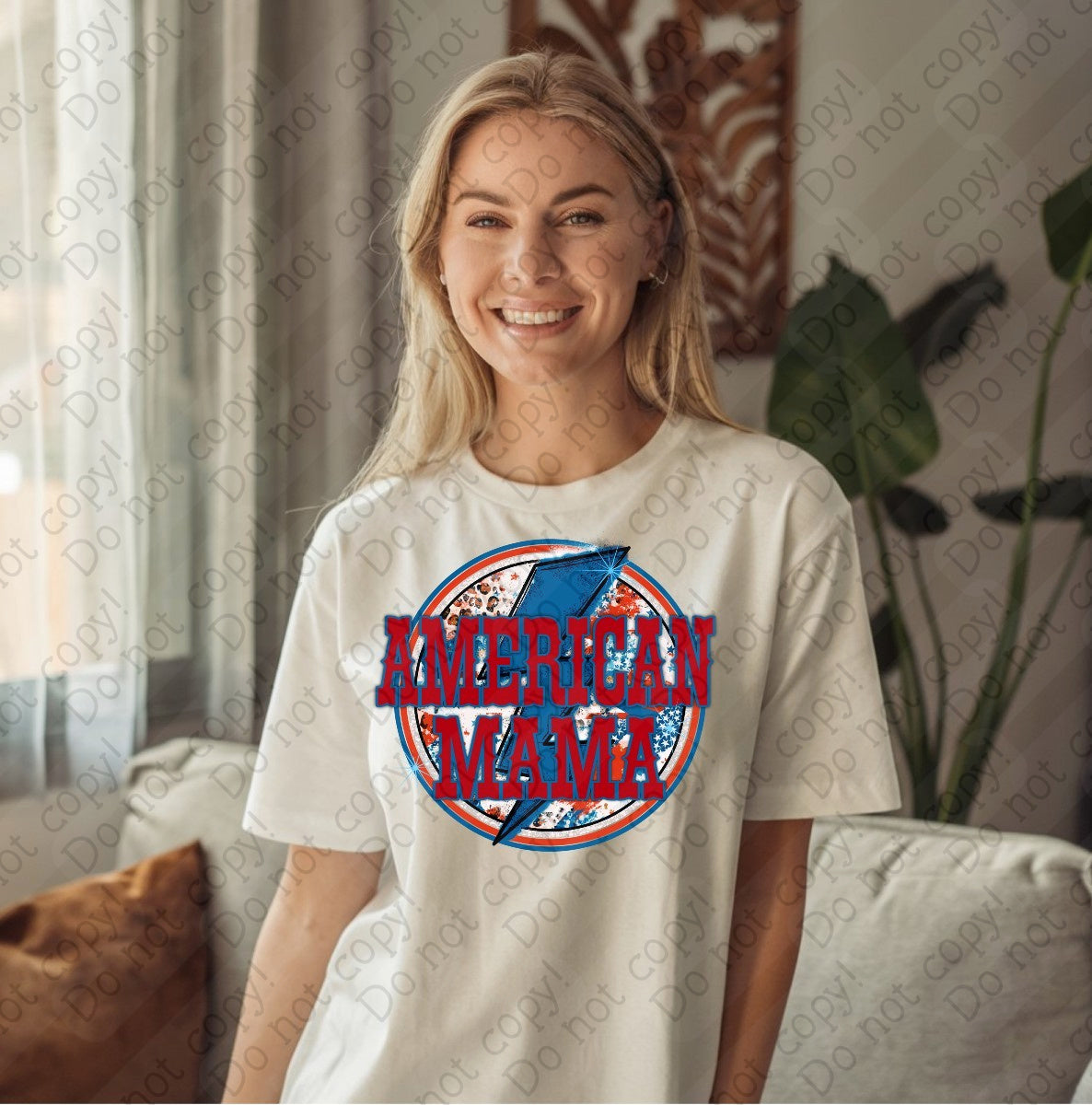 07-128 American Mini in red font with a blue lightning bolt Completed Tee