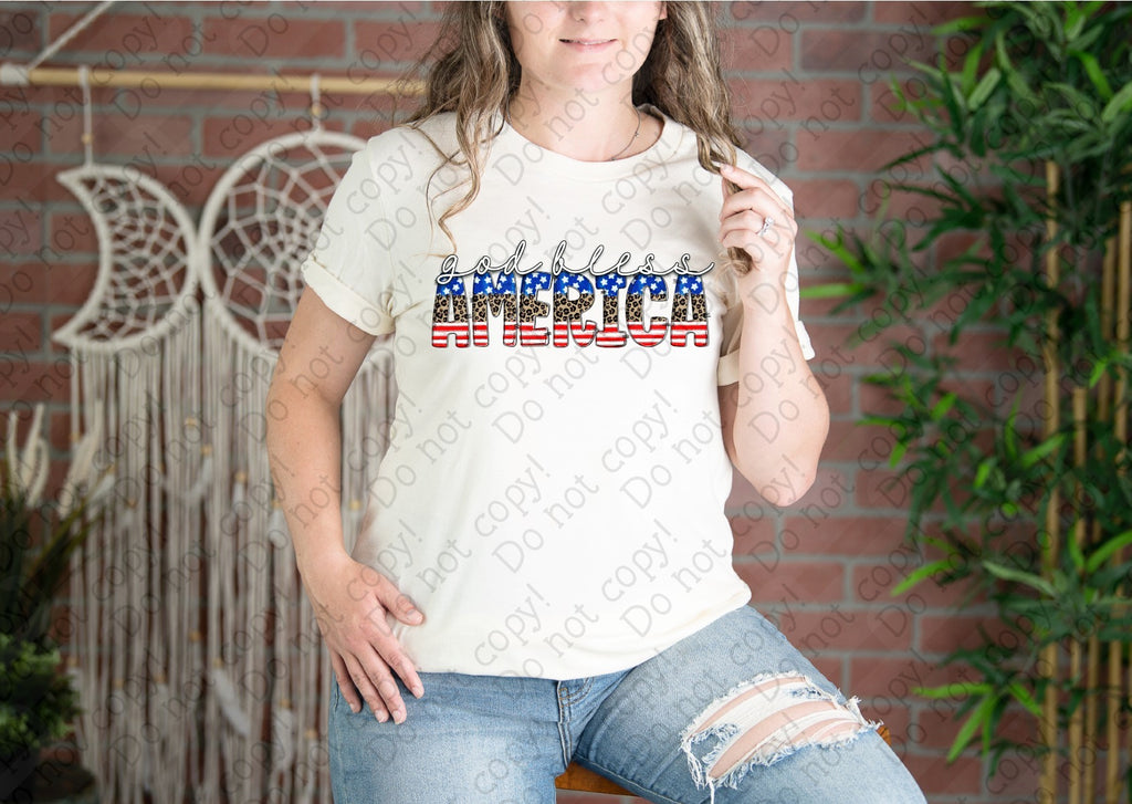 07-146 God Bless America Red White Blue and Cheetah Print Completed Tee