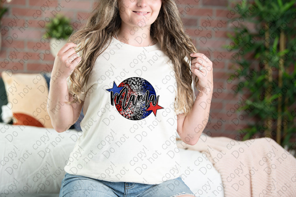 07-165 Mama with a red,blue and white cheetah print background with two stars Completed Tee
