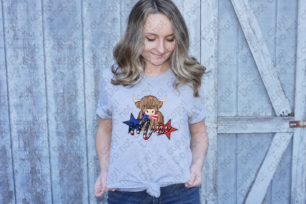 07-168 Mini with Cow and Red White and Blue Bow Completed Tee