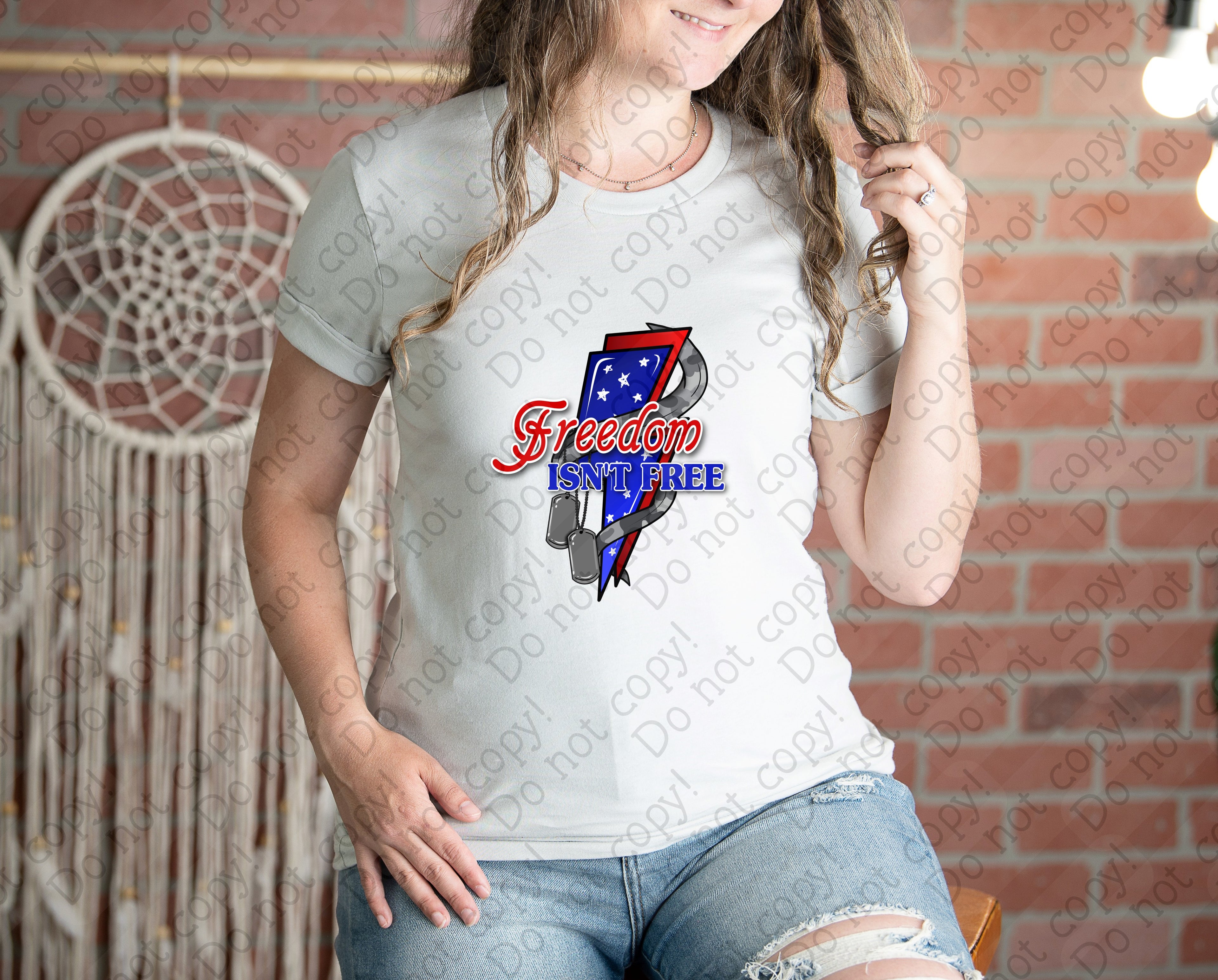 07-174 freedom isn't free with a lightning bolt and dog tags x2 Completed Tee