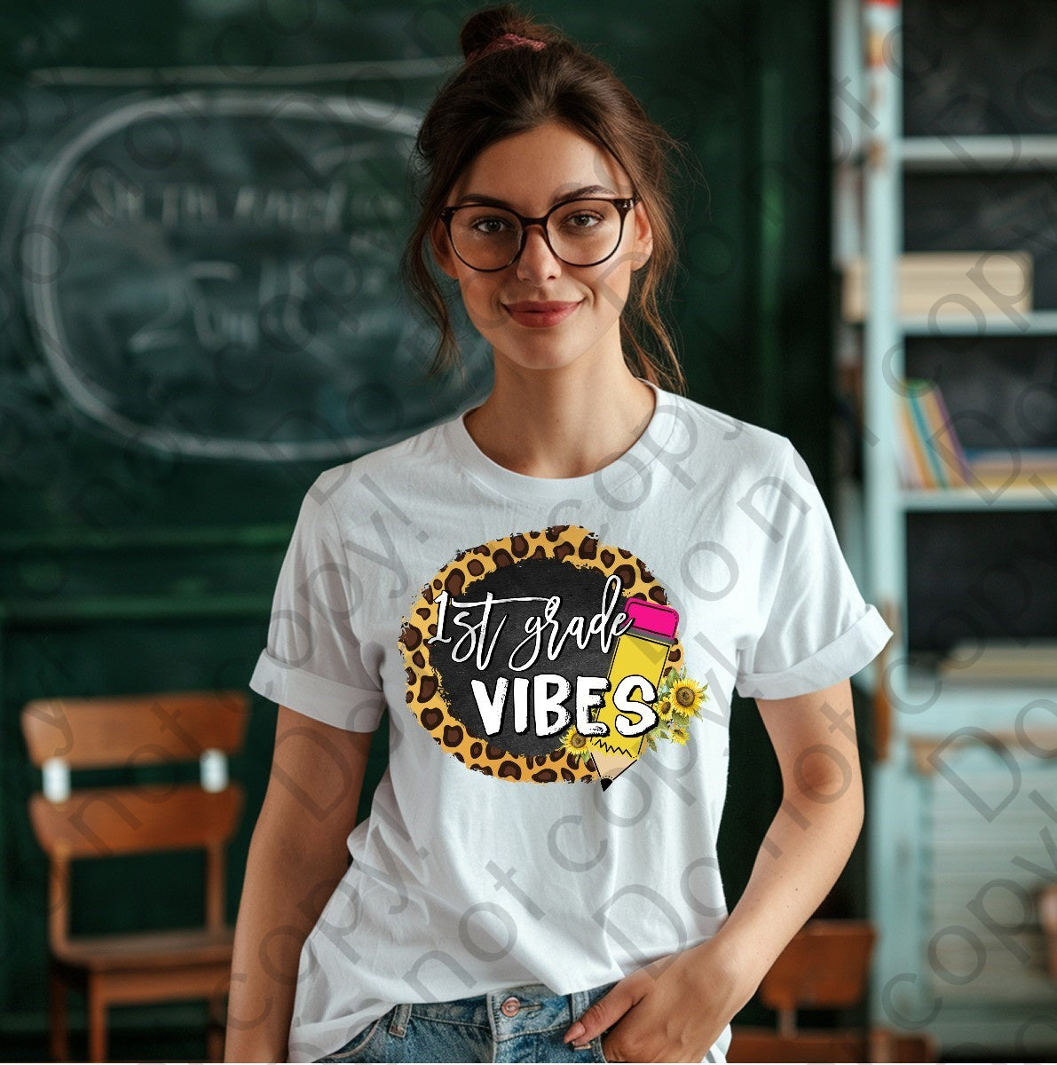 08-110 1st Grade Vibes with a pencil and a cheetah print background Completed Tee