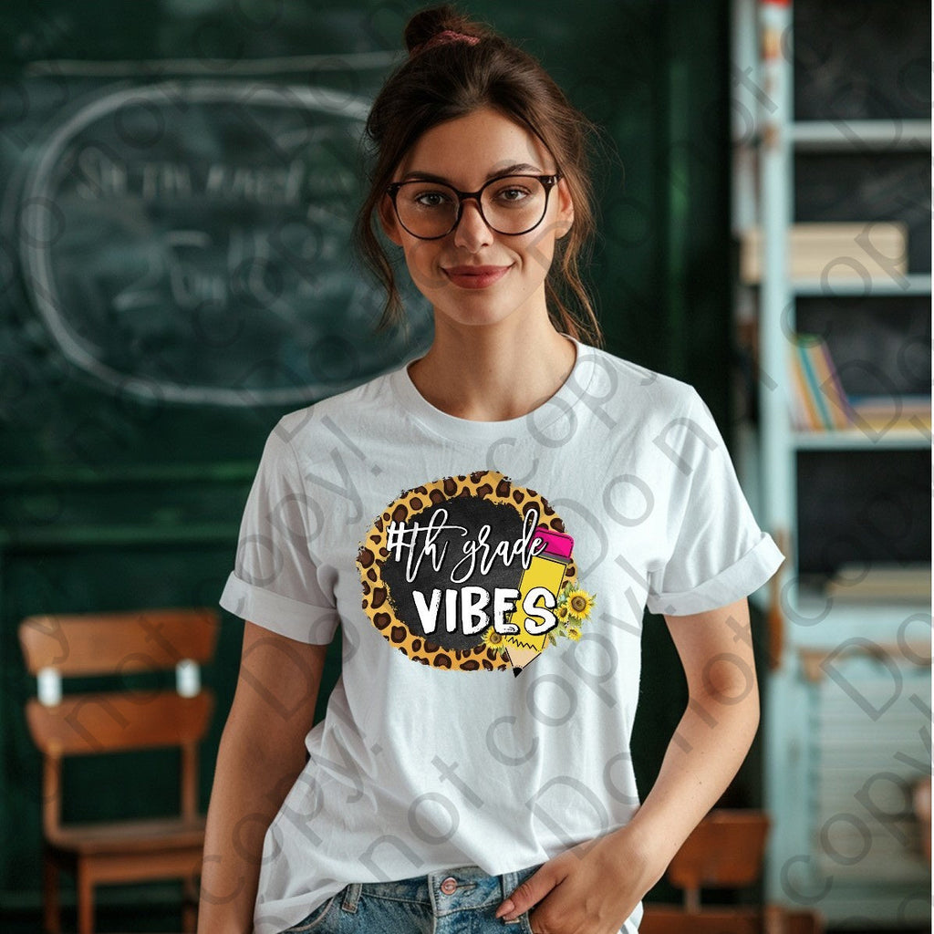 08-113 4th Grade Vibes with a pencil and a cheetah print background Completed Tee
