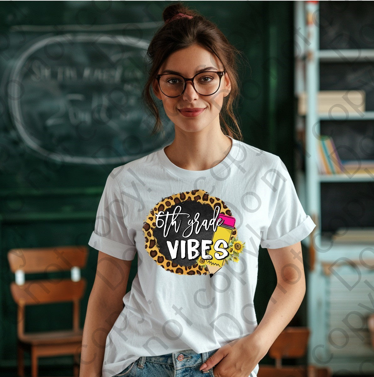 08-115 6th Grade Vibes with a pencil and a cheetah print background Completed Tee