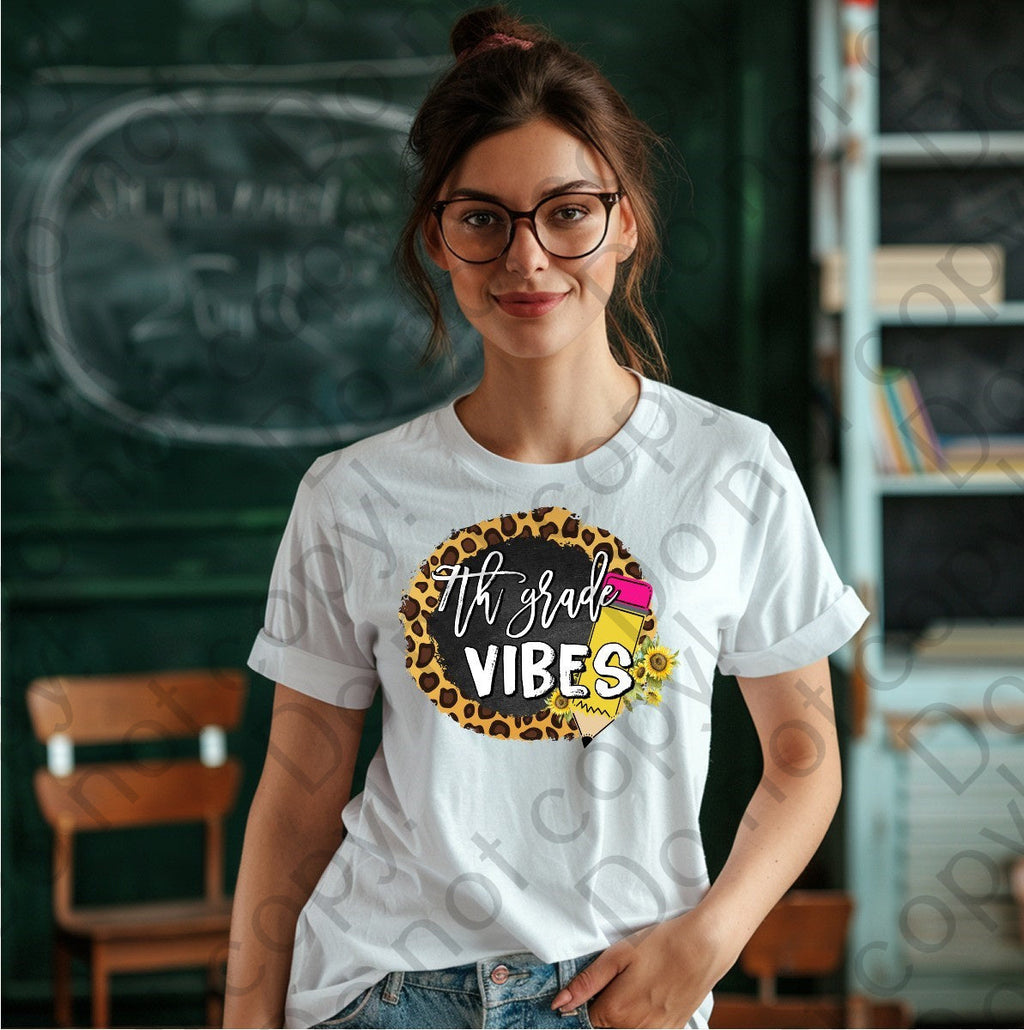 08-116 7th Grade Vibes with a pencil and a cheetah print background Completed Tee
