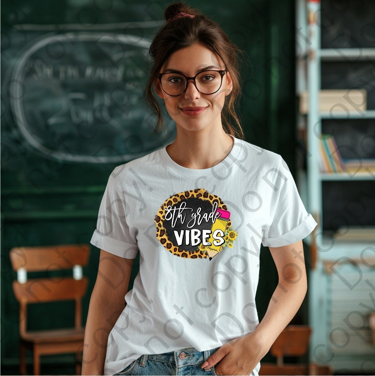 08-117 8th Grade Vibes with a pencil and a cheetah print background Completed Tee