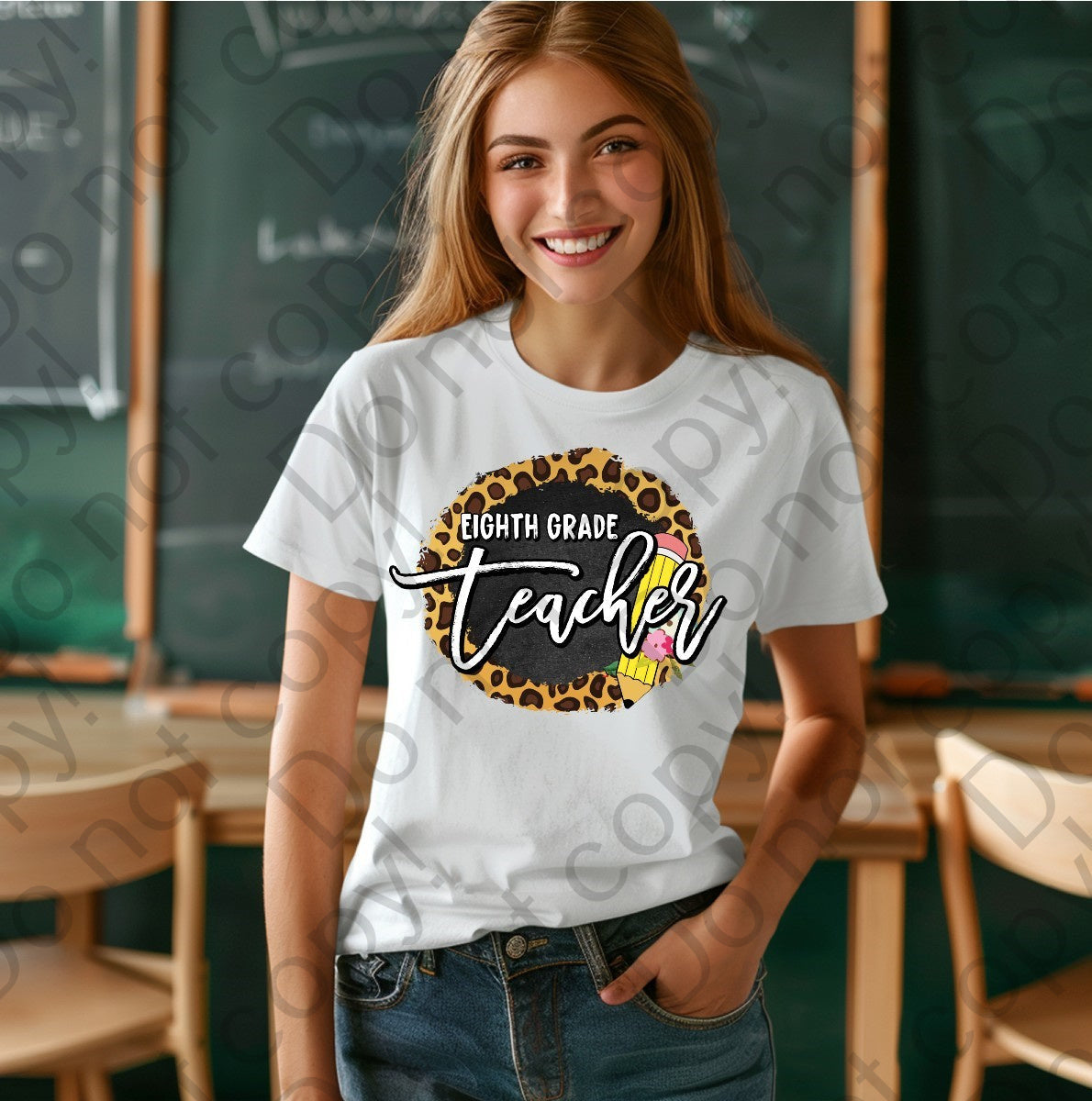 08-119 Eighth grade teacher with a pencil and a cheetah print background Completed Tee