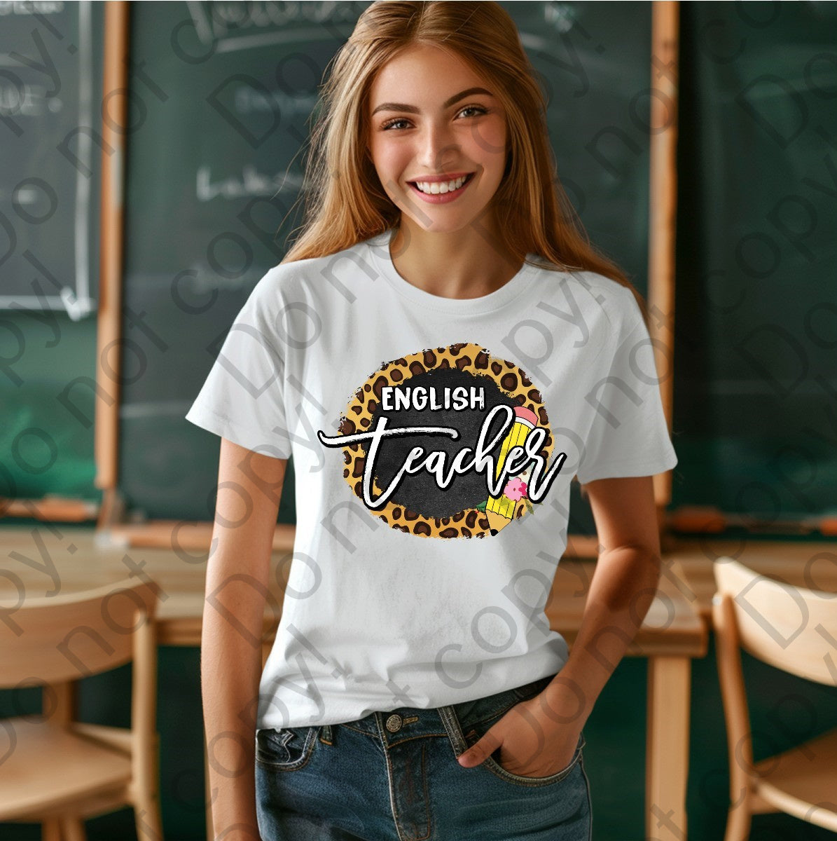 08-120 English teacher with a pencil and a cheetah print background Completed Tee