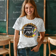 Load image into Gallery viewer, 08-121 Fifth grade teacher with a pencil and a cheetah print background Completed Tee
