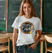 Load image into Gallery viewer, 08-123 Fourth grade teacher with a pencil and a cheetah print background Completed Tee
