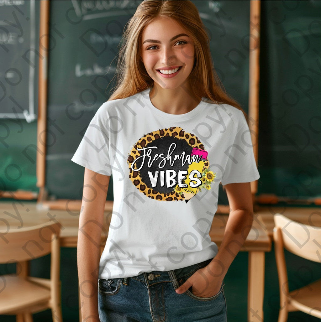 08-124 Freshman Vibes with a pencil and a cheetah print background Completed Tee