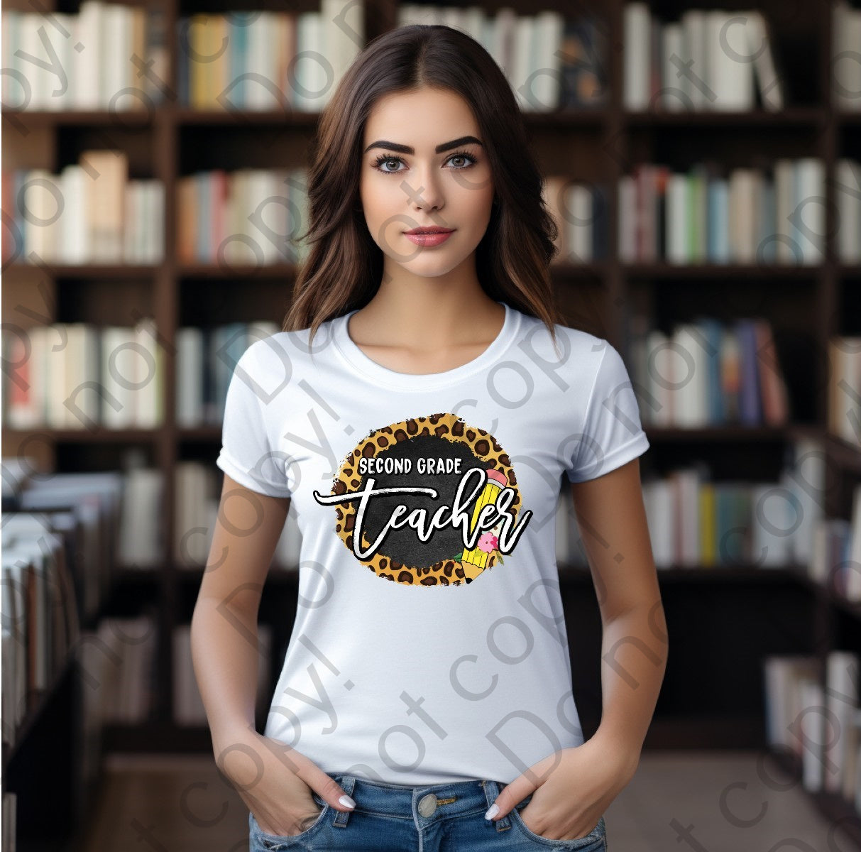08-131 Second Grade teacher with a pencil and a cheetah print background Completed Tee