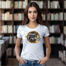 Load image into Gallery viewer, 08-132 Science teacher with a pencil and a cheetah print background Completed Tee
