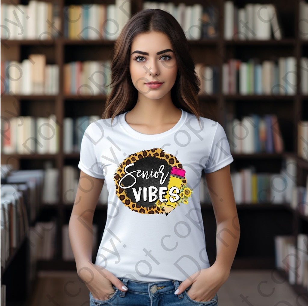 08-133 Senior Vibes with a pencil and a cheetah print background Completed Tee