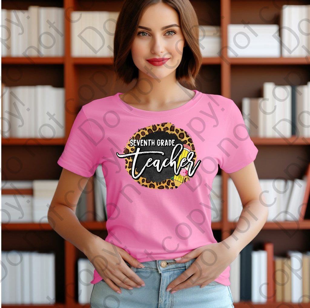 08-136 Seventh grade teacher with a pencil and a cheetah print background Completed Tee