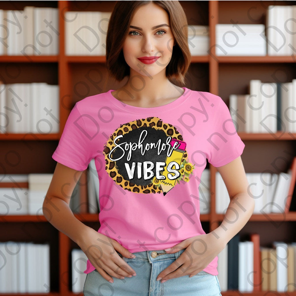 08-138 Sophomore Vibes with a pencil and a cheetah print background Completed Tee