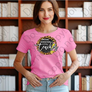 08-139 Special Education teacher with a pencil and a cheetah print background Completed Tee