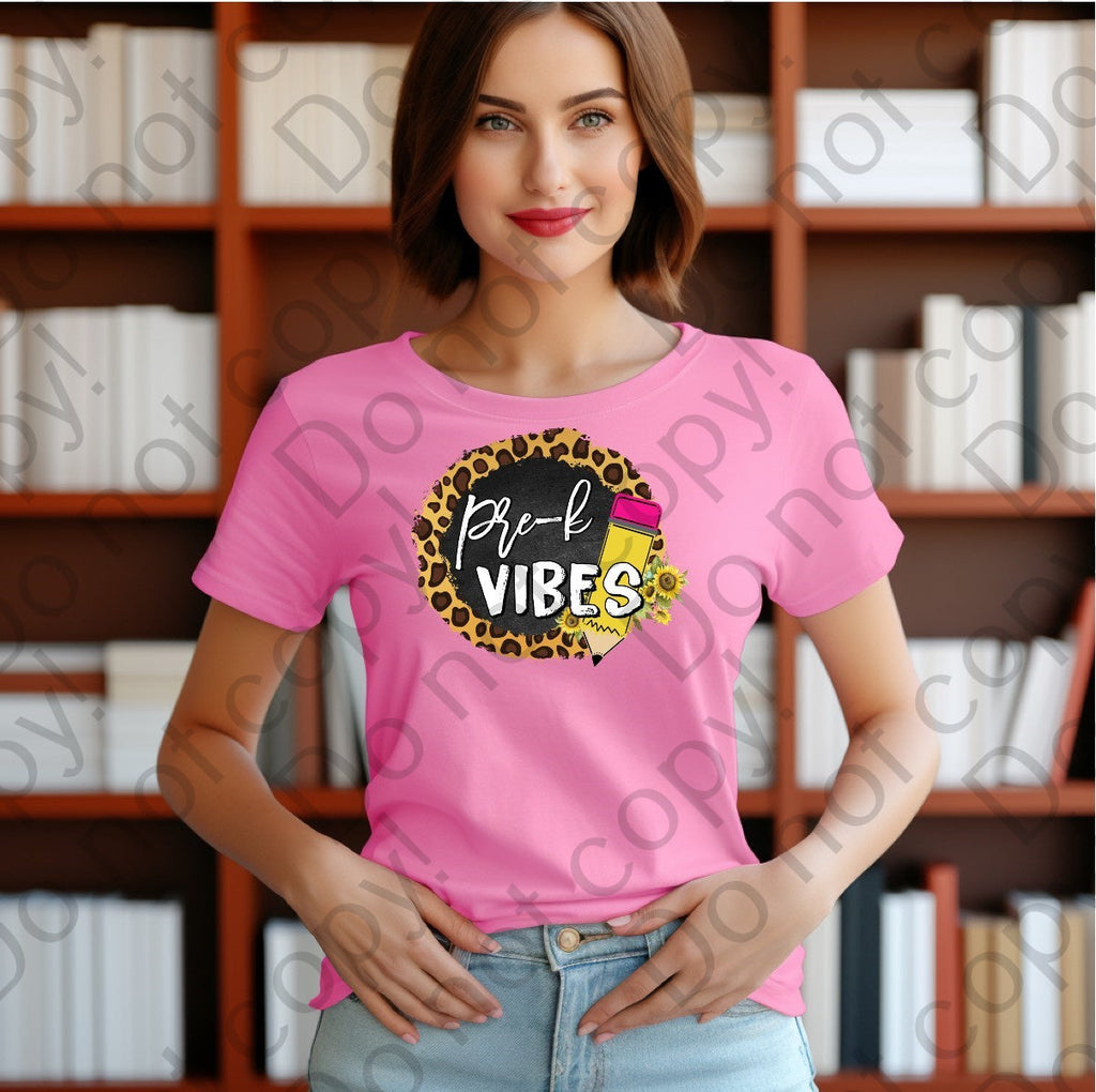 08-142 Pre-K Vibes with a pencil and a cheetah print background Completed Tee