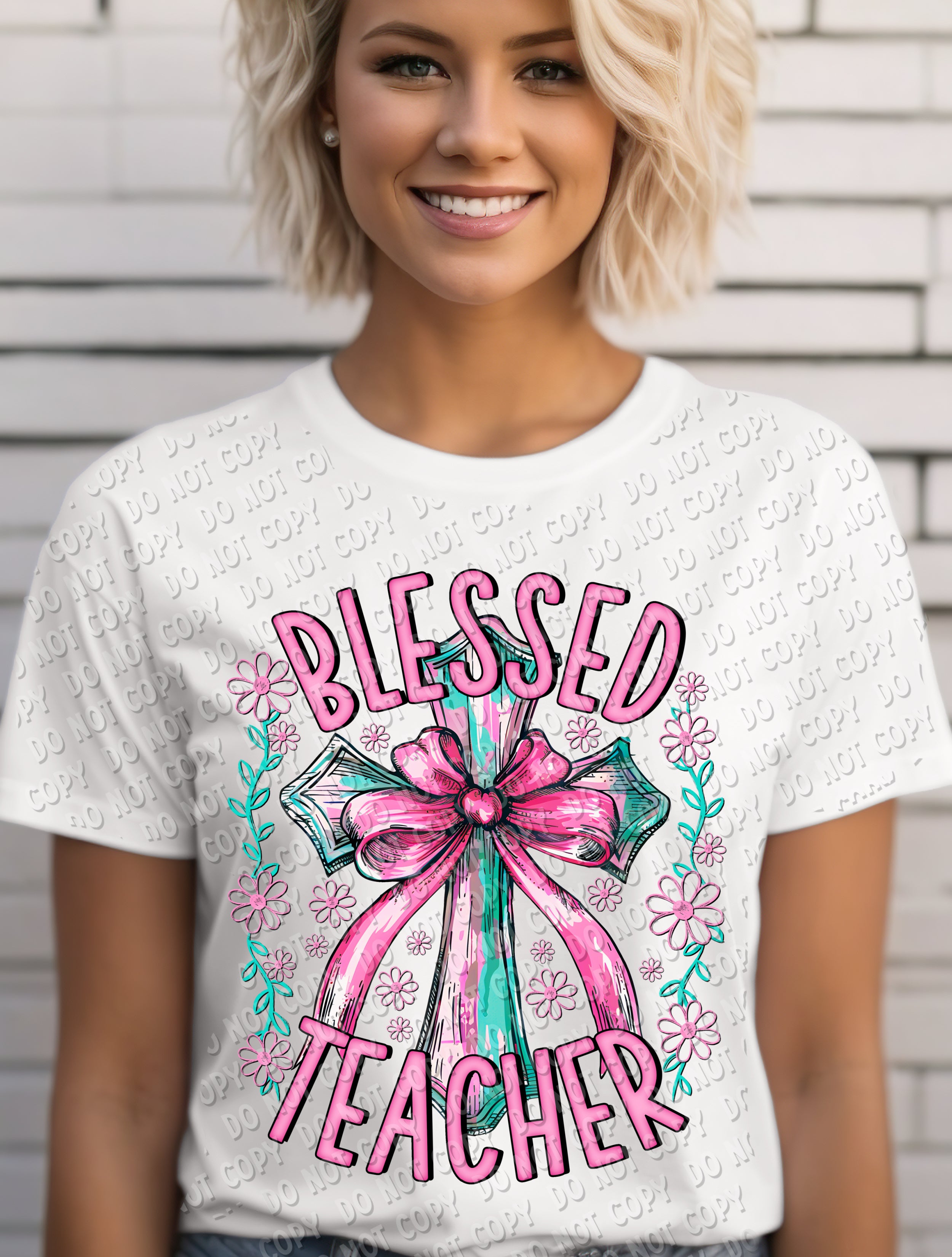 08-80 - Blessed Teacher - Pink Teal DTF Transfer ONLY
