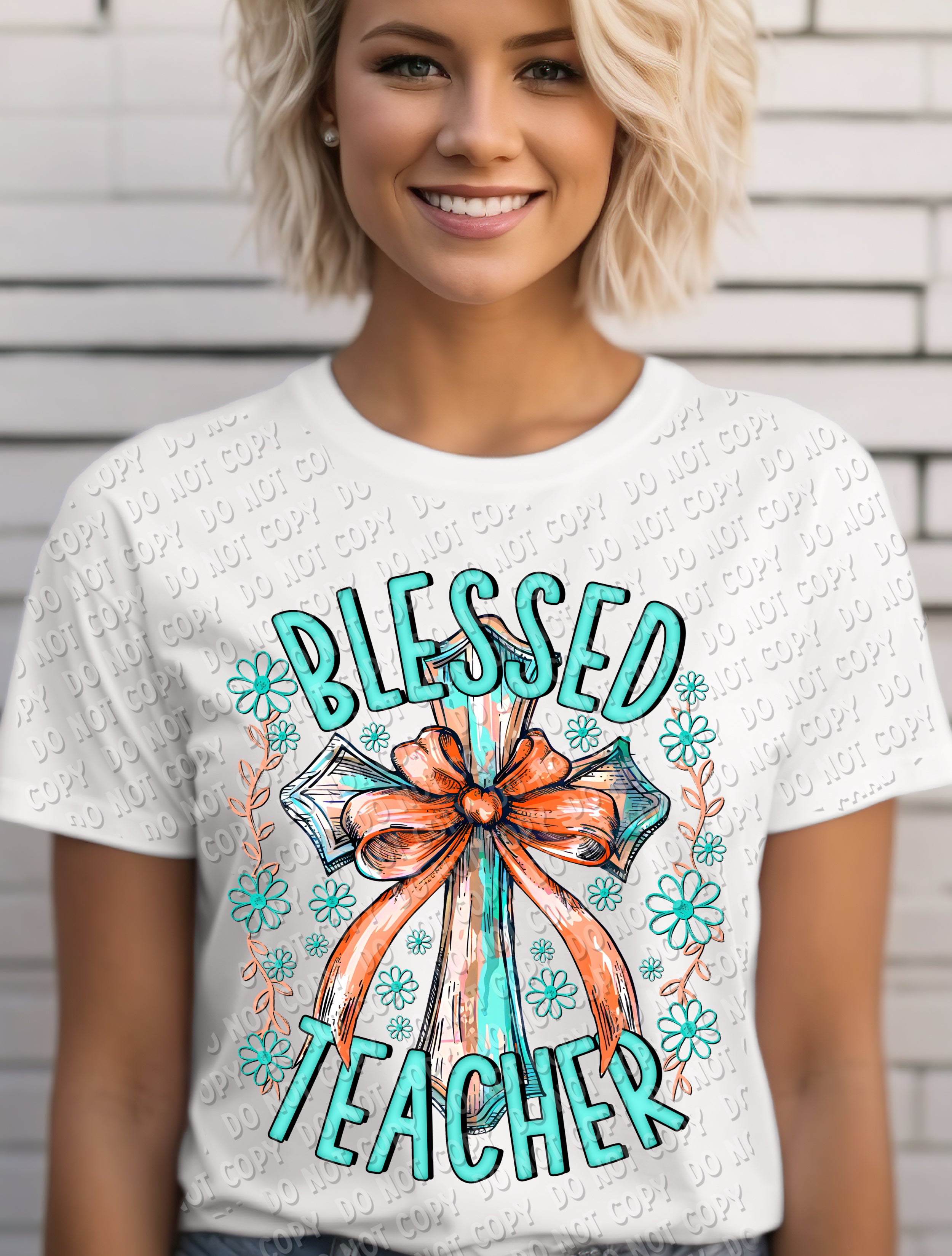 08-82 - Blessed Teacher - Teal Peach DTF Transfer ONLY