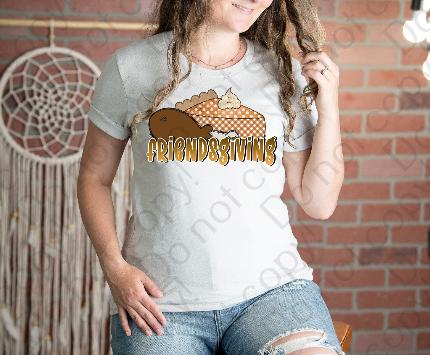 11-49 Friendsgiving with ombre font witha turkey leg and a poke a dot pumpkin pie DTF TRANSFER ONLY