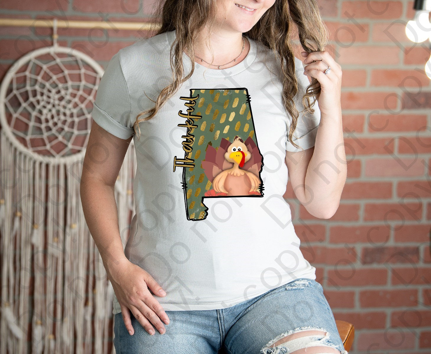 11-58 Thankful in a shape of Ohio with a turkey and a green poke a dot background Completed Tee