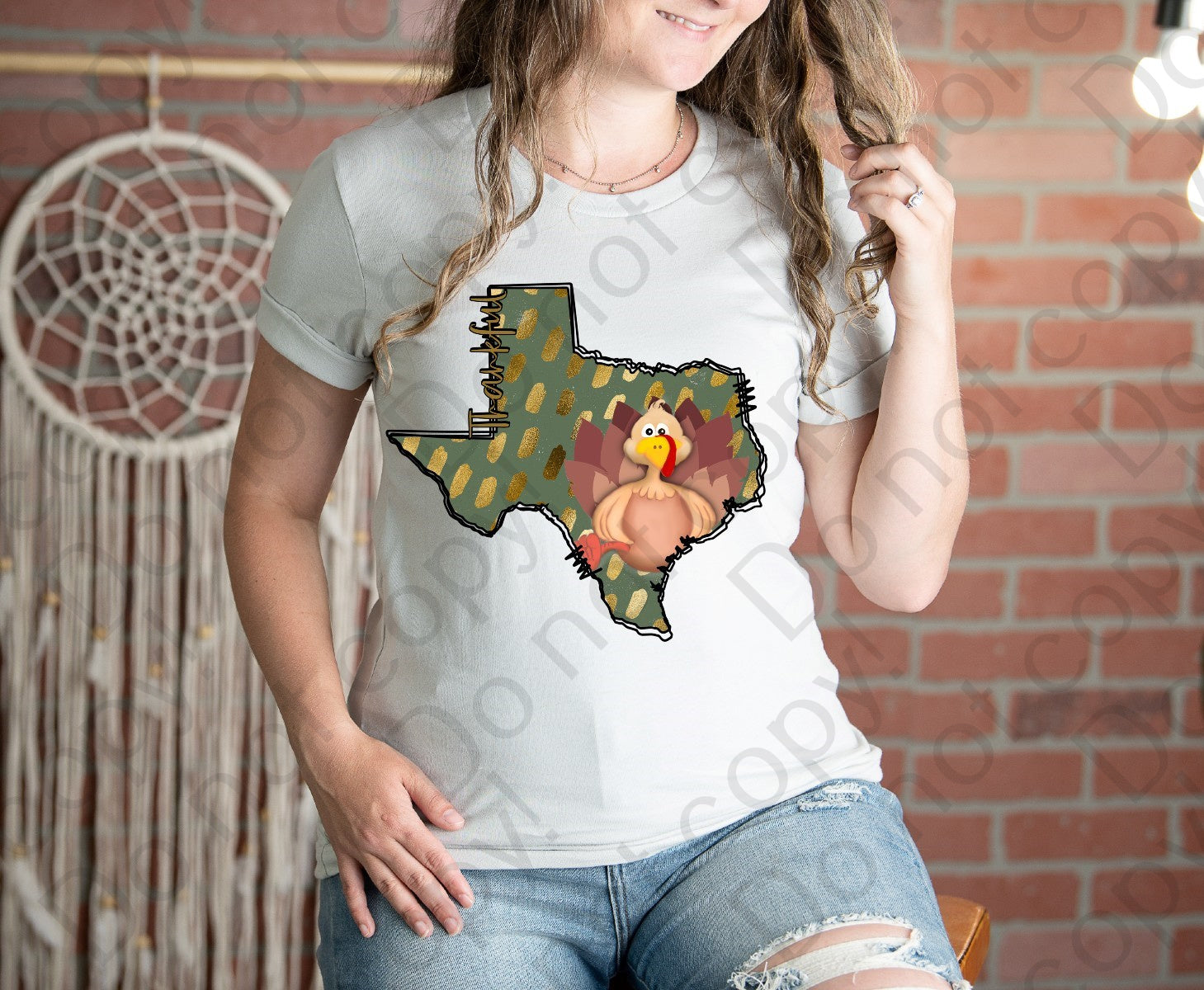 11-59 Thankful in a shape of Texas with a turkey and a green poke a dot background Completed Tee