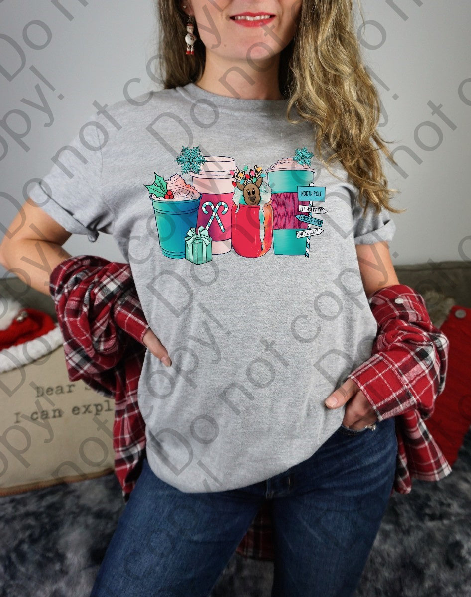 12-311 Red and Green Christmas Coffee Cups with Gingerbread Completed Tee