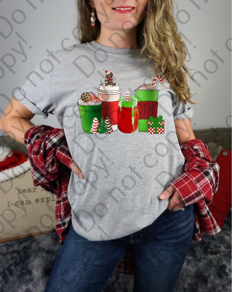 12-311 Red and Green Christmas Coffee Cups with Gingerbread DTF TRANSFER ONLY
