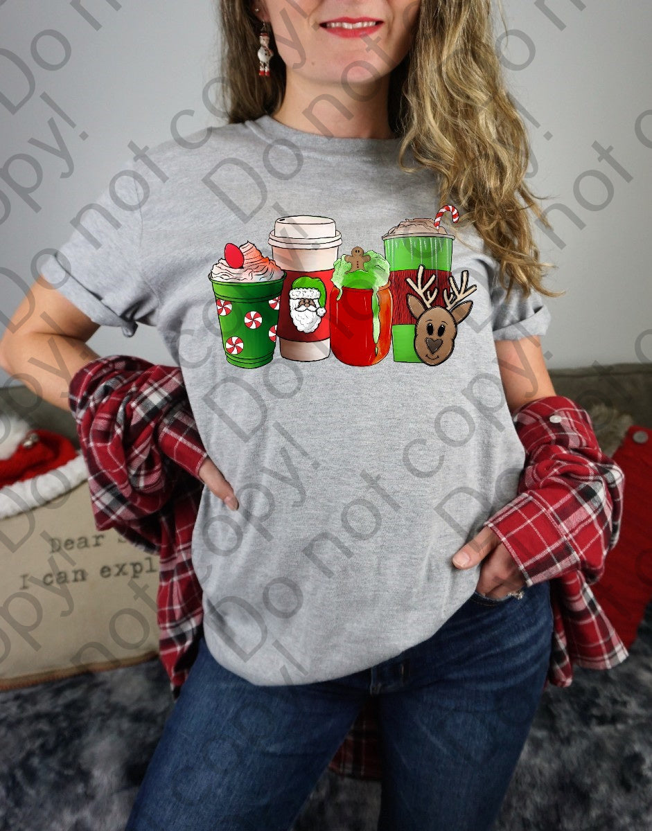 12-312 Red and Green Christmas Coffee Cups with Reindeer Completed Tee