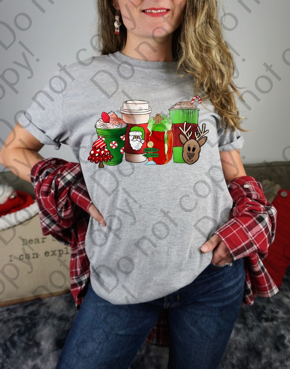 12-313 Red and Green Christmas Coffee Cups Completed Tee