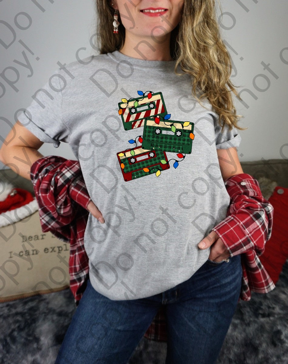12-314 Red and Green Cassette Tapes with Christmas Lights Completed Tee