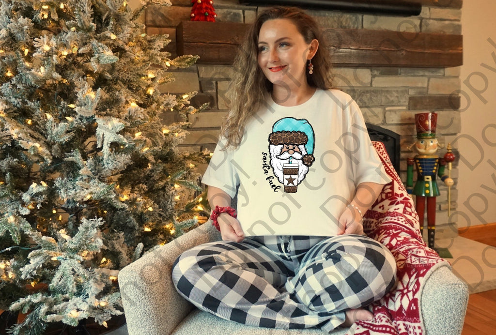 12-322 Cheetah Print Santa with Coffee Completed Tee