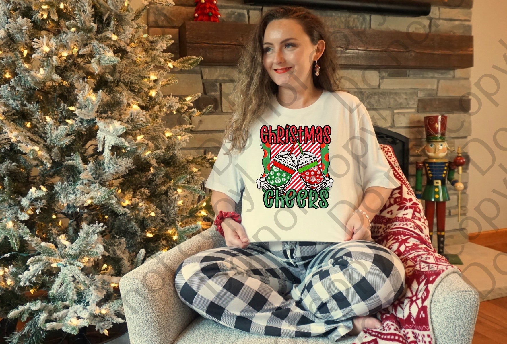 12-328 Christmas Cheers Skeleton Hands Coffee Completed Tee