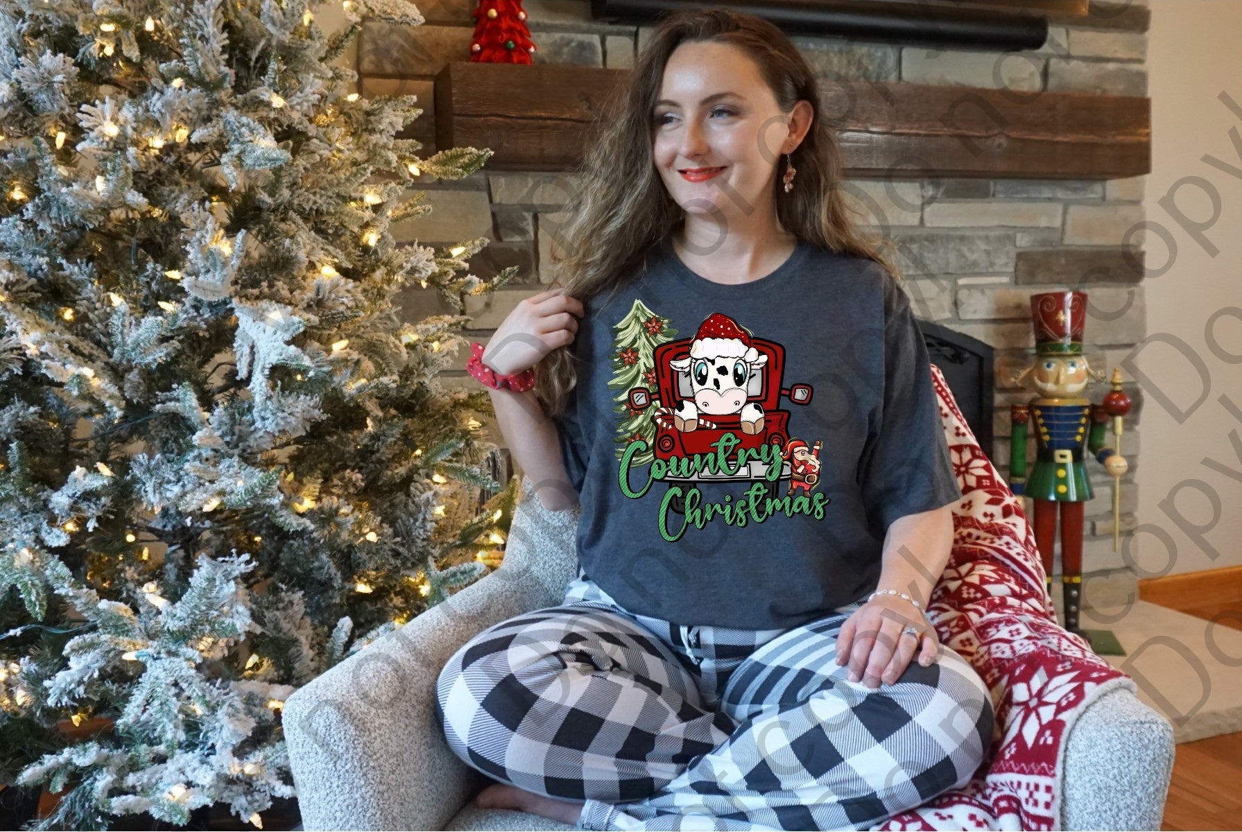 12-337 Country Christmas Cow with Tiny Santa DTF TRANSFER ONLY