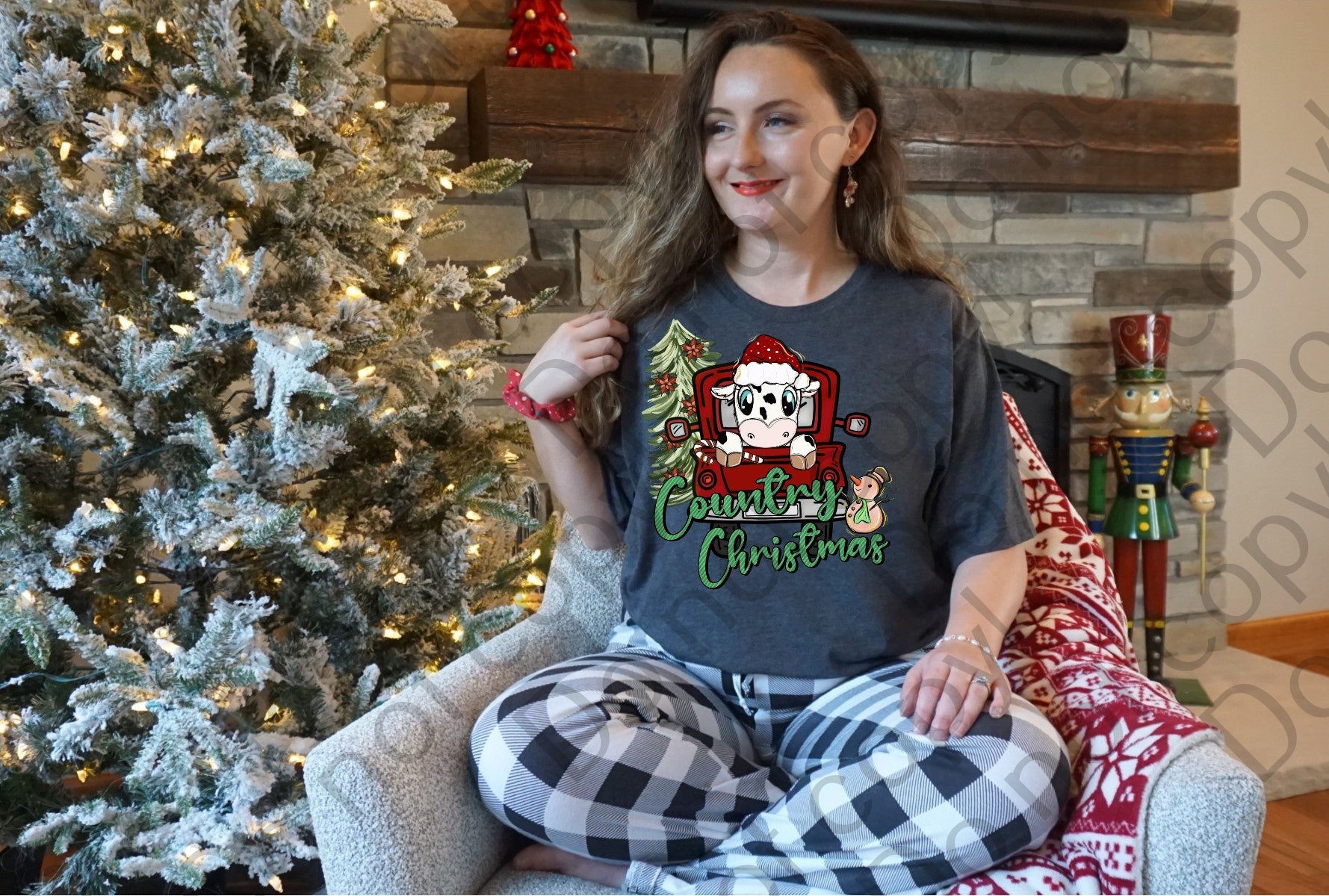12-338 Country Christmas Cow with Tiny Snowman DTF TRANSFER ONLY