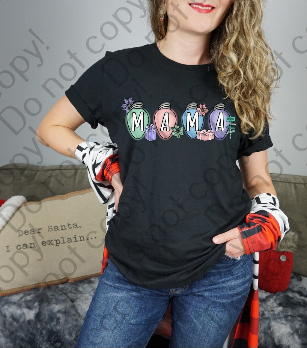 12-355 Mama Christmas Lights with Pastel Colors Completed Tee
