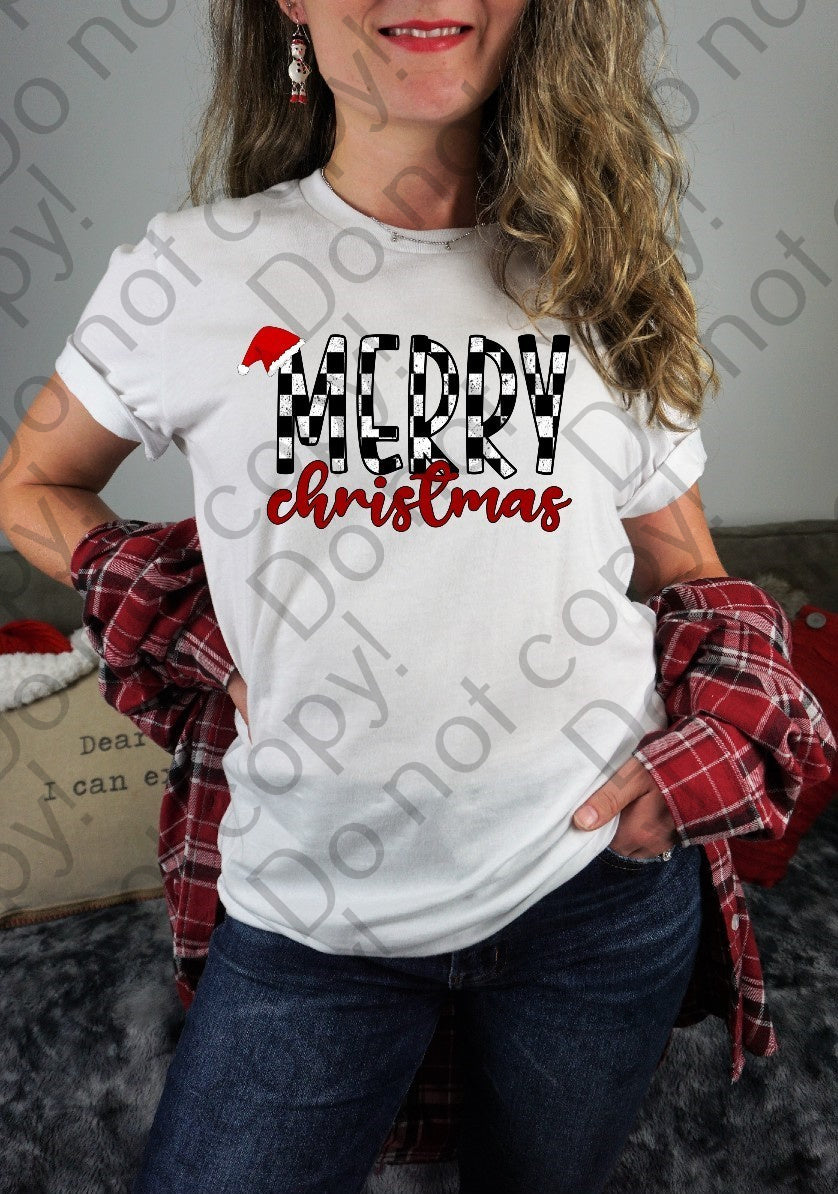 12-364 Merry Christmas Black White Checkered Completed Tee