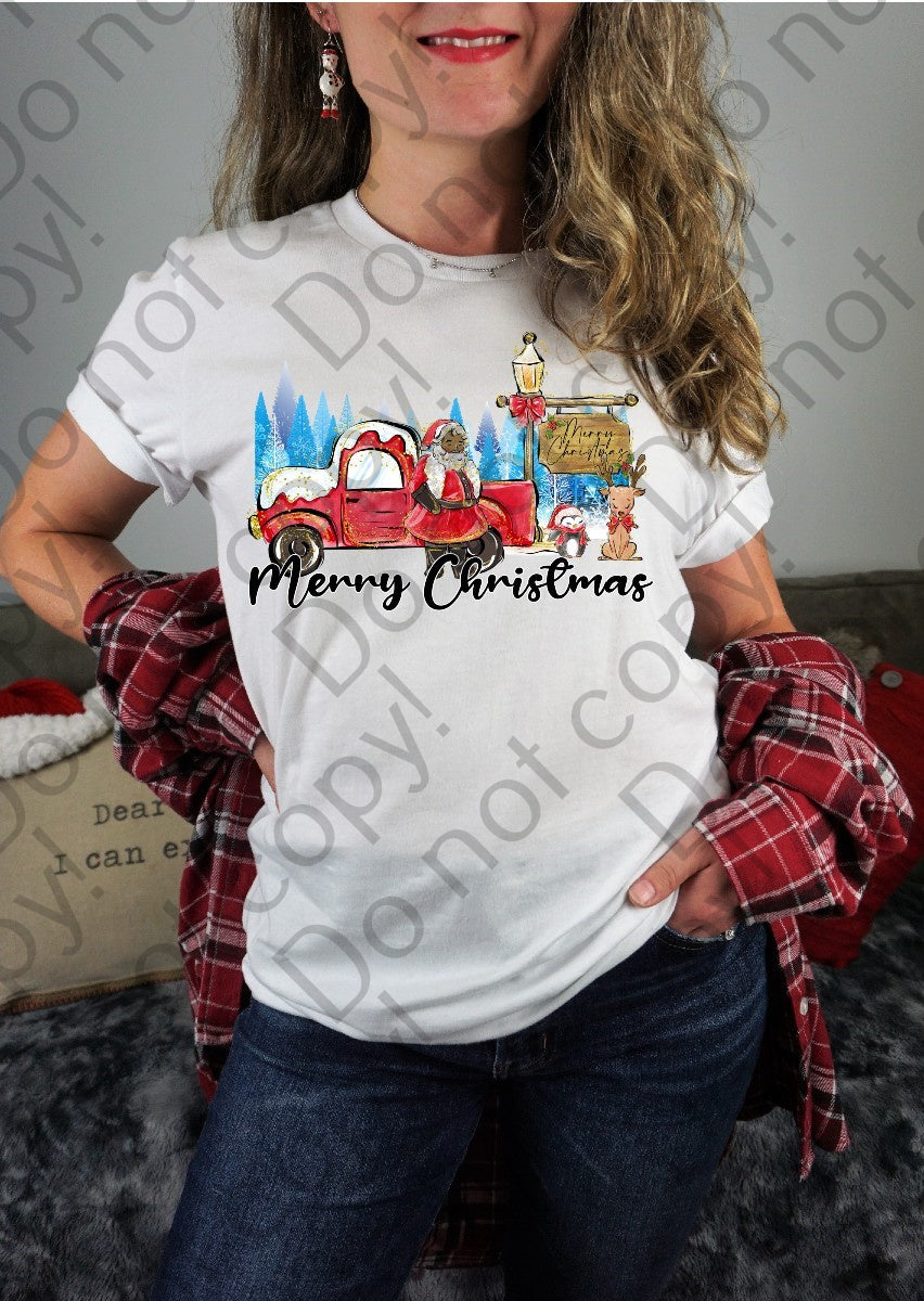 12-365 Merry Christmas Brown Santa with Blue Trees DTF TRANSFER ONLY