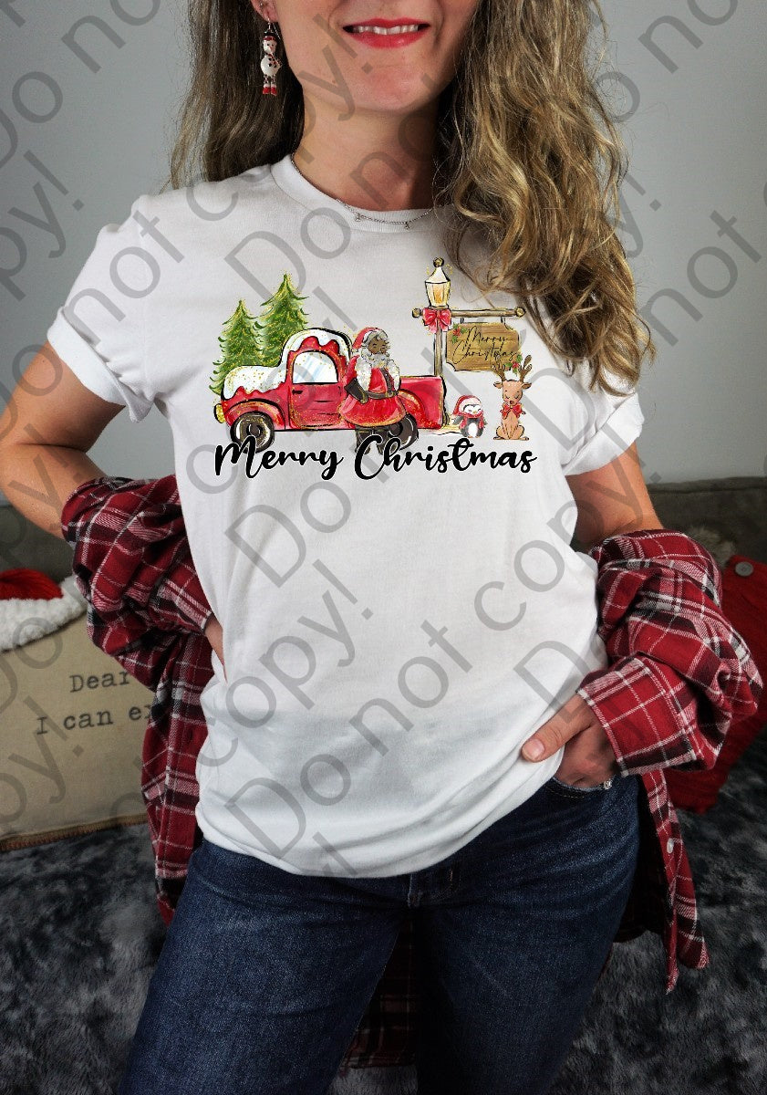 12-366 Merry Christmas Brown Santa with Green Trees DTF TRANSFER ONLY