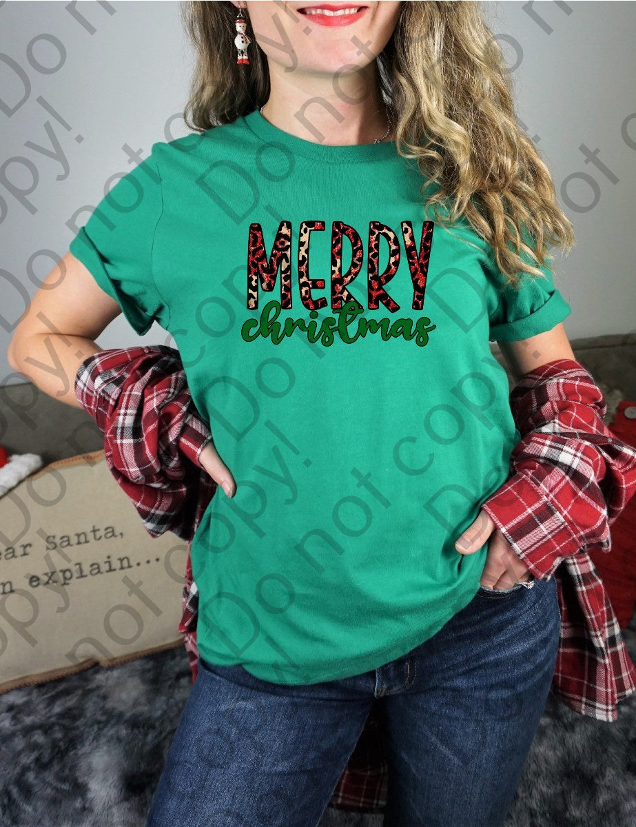 12-368 Merry Christmas Cheetah and Green DTF TRANSFER ONLY